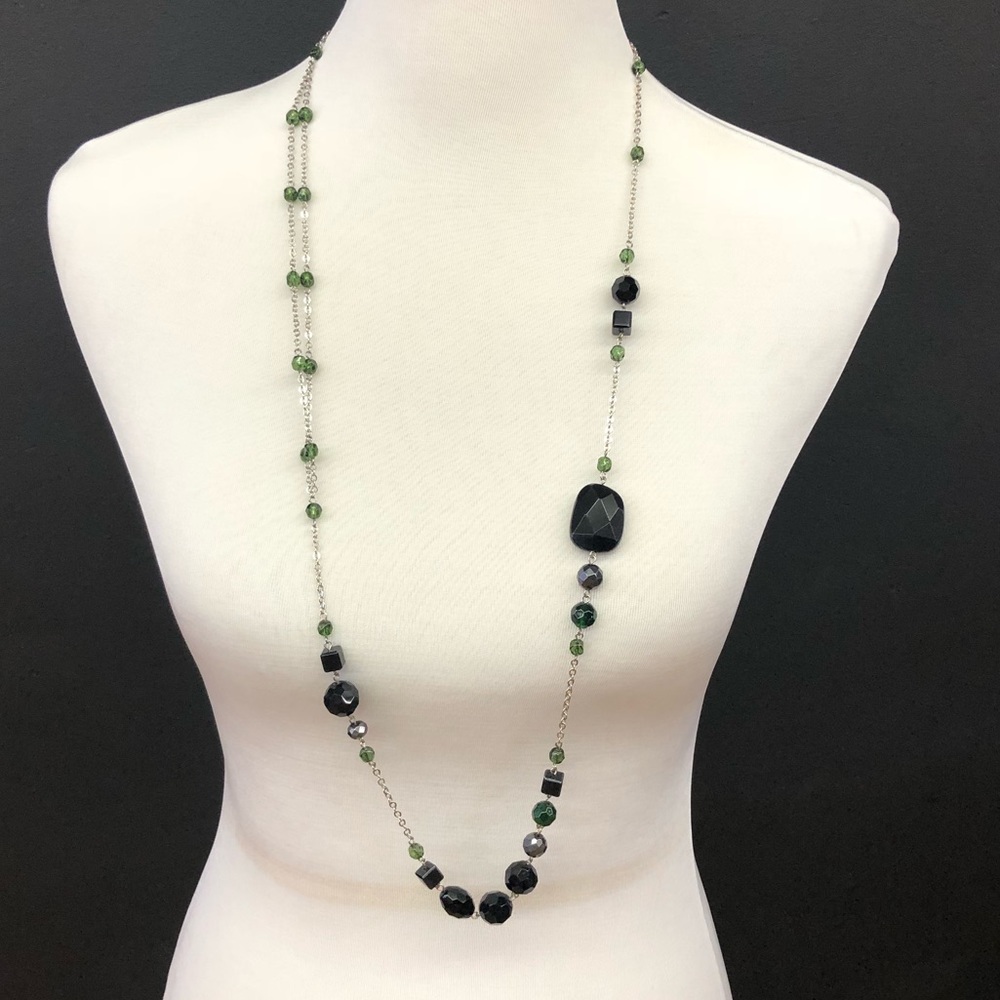 Silver and Green Asymmetrical Necklace With Beads
